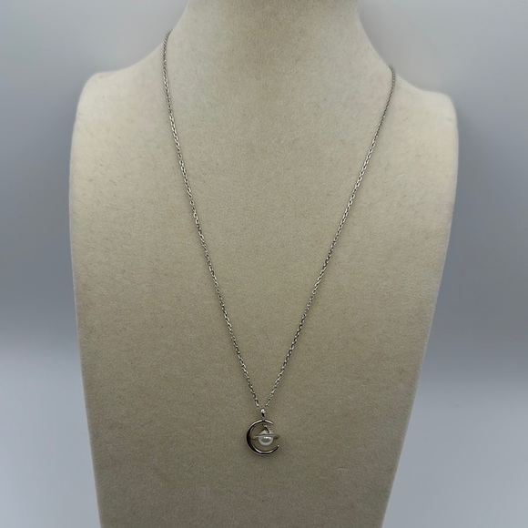 Elegant Silver Moon and Pearl Planet Pendant Necklace - Picture 2 of 7